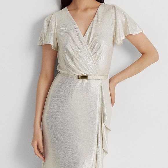 Lauren Ralph Lauren NWT Belted Metallic Knit Flutter Sleeve Gown Size 4 - Picture 2 of 12